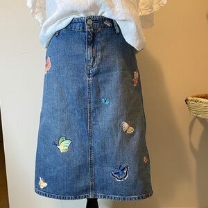 Vintage GAP Blue Denim Skirt with Butterfly Embroidery and embellishments